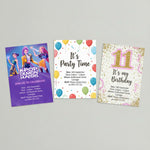 Three printable kids birthday party invitation designs including a K-Pop Demon Hunters theme, colourful balloon theme and gold and pink glitter 11th birthday design.