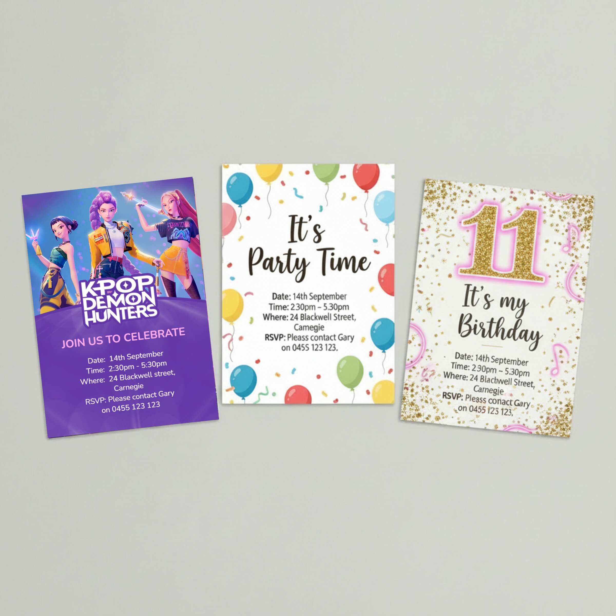 Three printable kids birthday party invitation designs including a K-Pop Demon Hunters theme, colourful balloon theme and gold and pink glitter 11th birthday design.