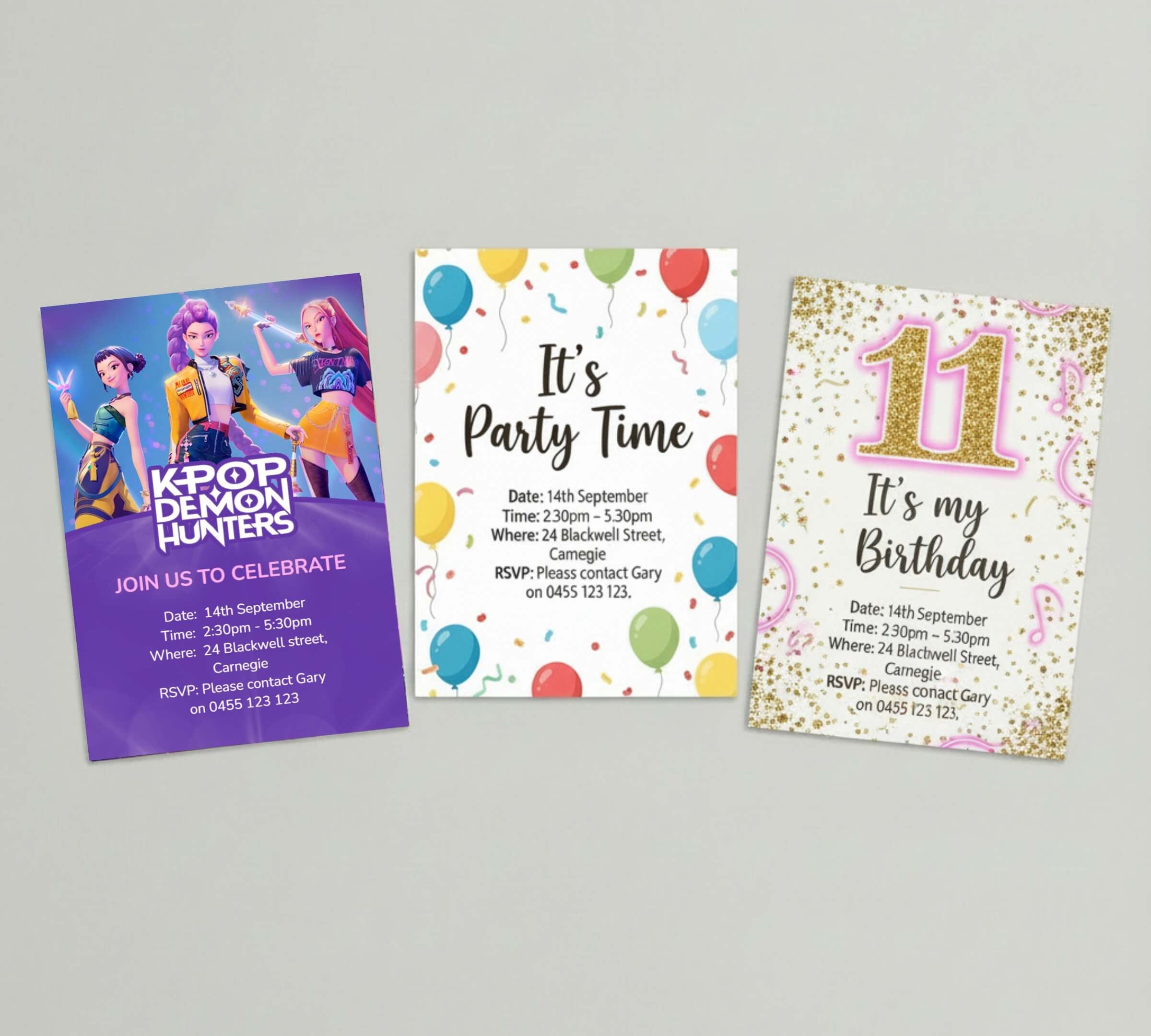 Three printable KPop Demon Hunters themed kids birthday party invitation designs