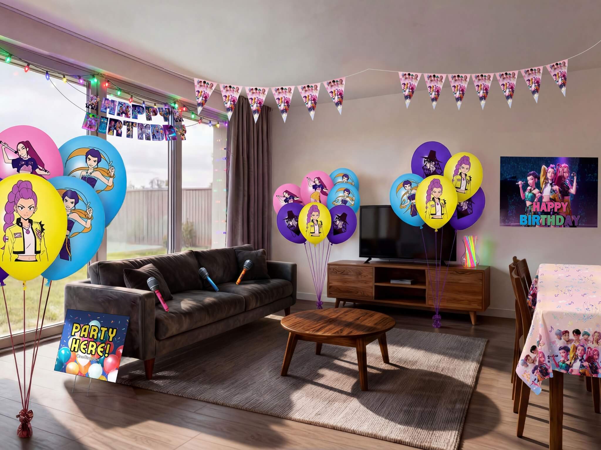 Living room decorated for a K-Pop Demon Hunters themed kids birthday party with character printed balloons in pink, blue, yellow and purple, triangle bunting, happy birthday banner, backdrop, microphone props and themed table cover from a OneStopBox party decorations kit.