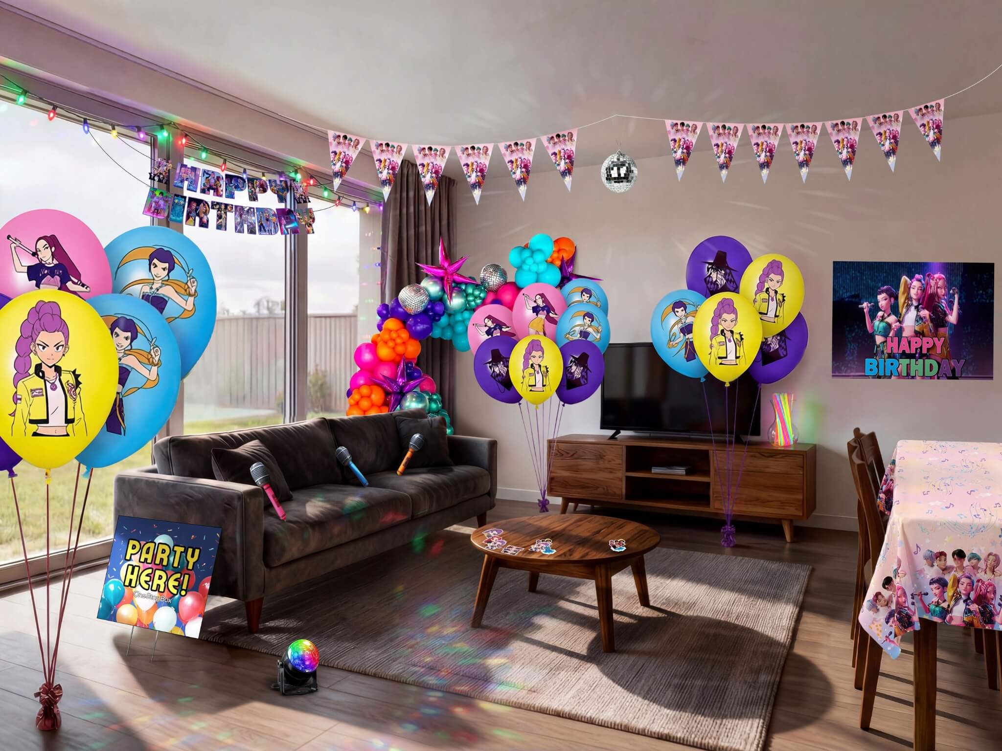 Complete K-Pop Demon Hunters themed kids birthday party decorations filling a living room, including character printed balloons, multicolour balloon garland, disco ball, triangle bunting, happy birthday banner, backdrop, disco ball, microphone props, glow sticks and themed table cover from a OneStopBox all-in-one party kit.