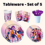 kpop demon hunters themed party tableware set that includes kpop demon hunters cups, kpop demon hunters small plates, kpop demon hunters large plates, kpop demon hunters napkins, kpop demon hunters cups and purple reusable cutlery