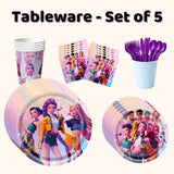 kpop demon hunters themed party tableware set that includes kpop demon hunters cups, kpop demon hunters small plates, kpop demon hunters large plates, kpop demon hunters napkins, kpop demon hunters cups and purple reusable cutlery