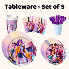 kpop demon hunters themed party tableware set that includes kpop demon hunters cups, kpop demon hunters small plates, kpop demon hunters large plates, kpop demon hunters napkins, kpop demon hunters cups and purple reusable cutlery