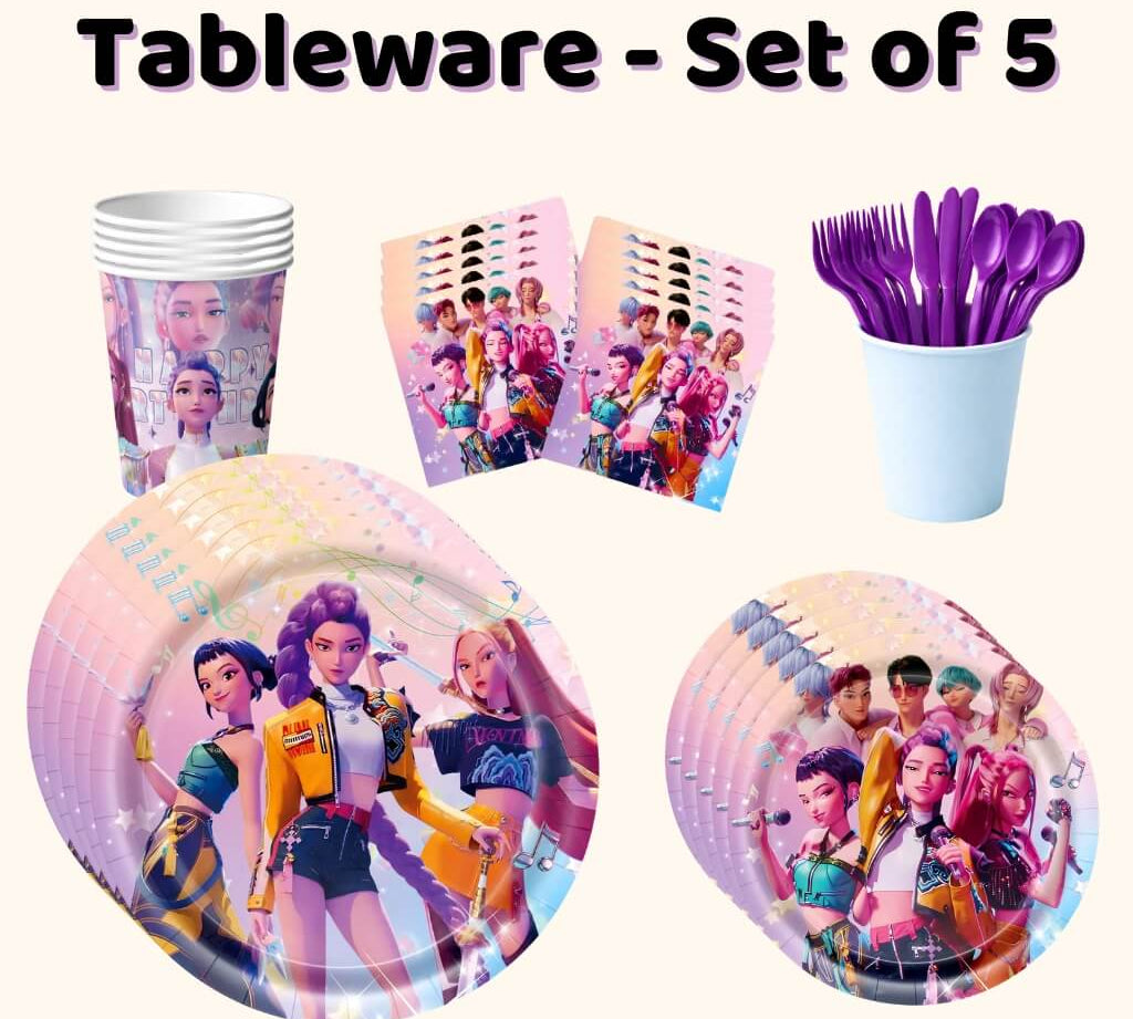 kpop demon hunters themed party tableware set that includes kpop demon hunters cups, kpop demon hunters small plates, kpop demon hunters large plates, kpop demon hunters napkins, kpop demon hunters cups and purple reusable cutlery