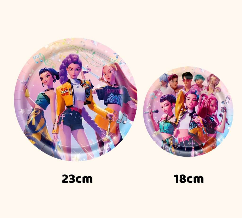 Kpop demon hunters themed party plates in small and large sizes