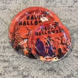 Halloween-themed small and large plates with spooky designs