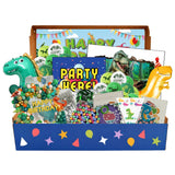 Dinosaur party decorations box with balloons, banners, yard sign, invitations and party supplies for kids parties