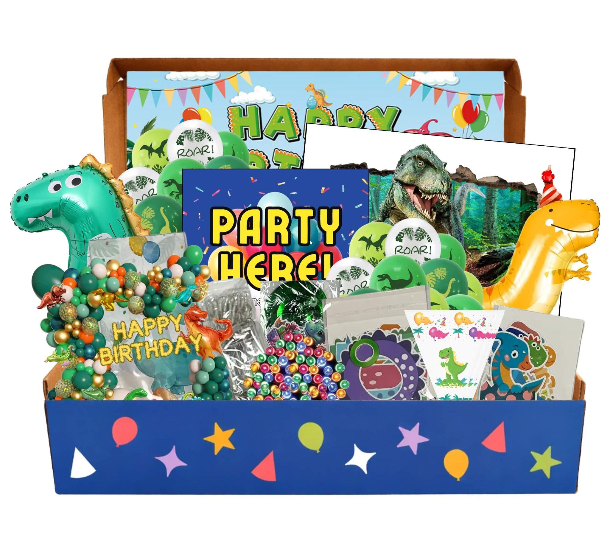 Dinosaur party decorations box with balloons, banners, yard sign, invitations and party supplies for kids parties