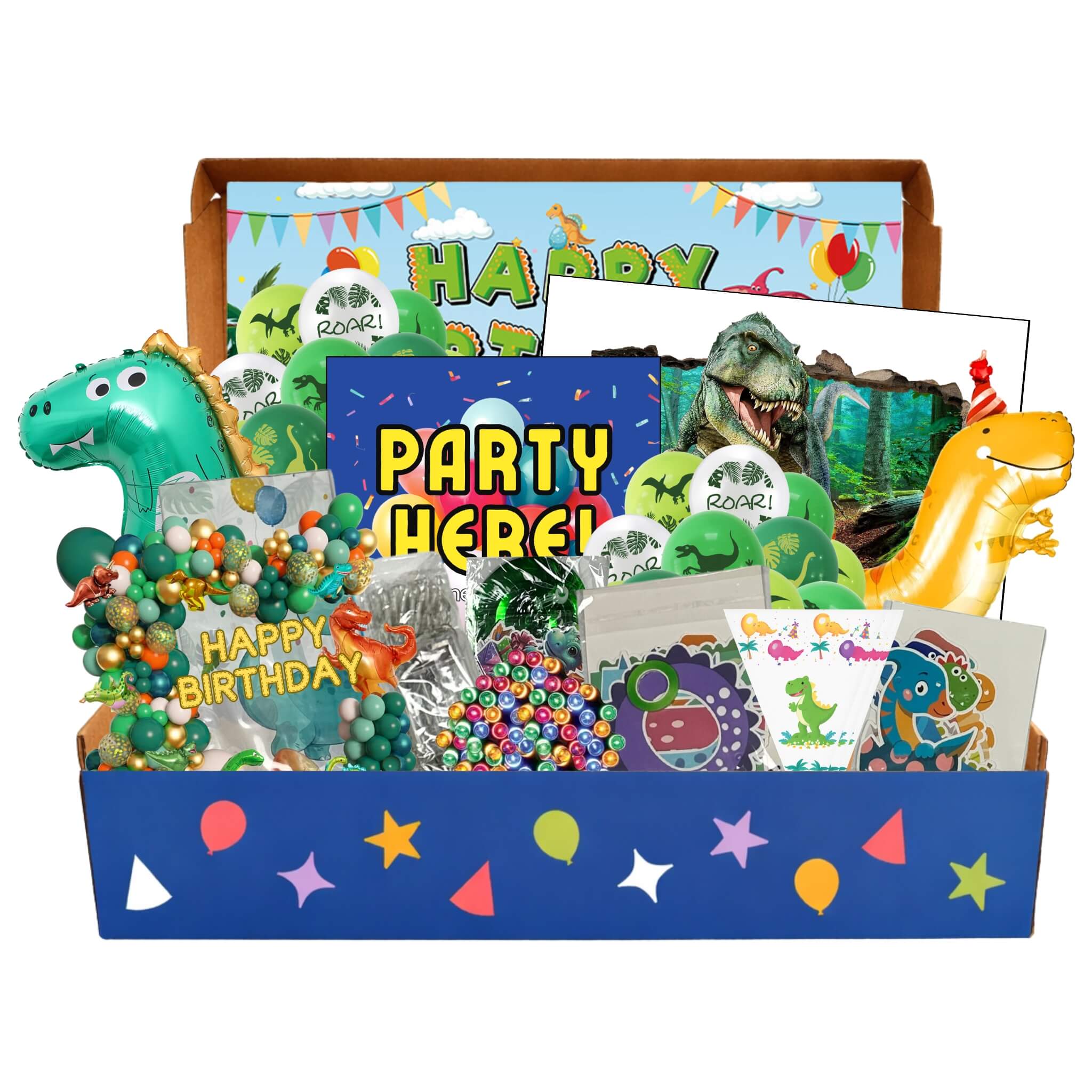 Dinosaur party decorations box with balloons, banners, yard sign, invitations and party supplies for kids parties