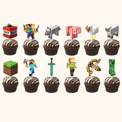 Pixel-themed Minecraft cupcake toppers for gaming fans