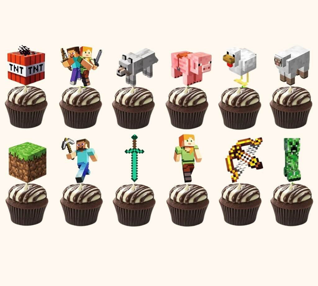 Pixel-themed Minecraft cupcake toppers for gaming fans
