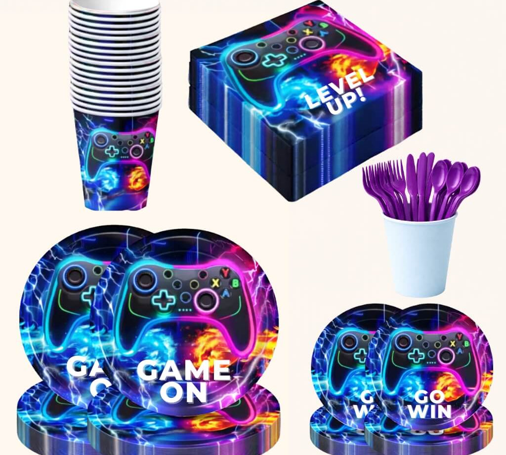 Complete 20-piece Minecraft-themed party tableware set with plates, cups, napkins, cutlery