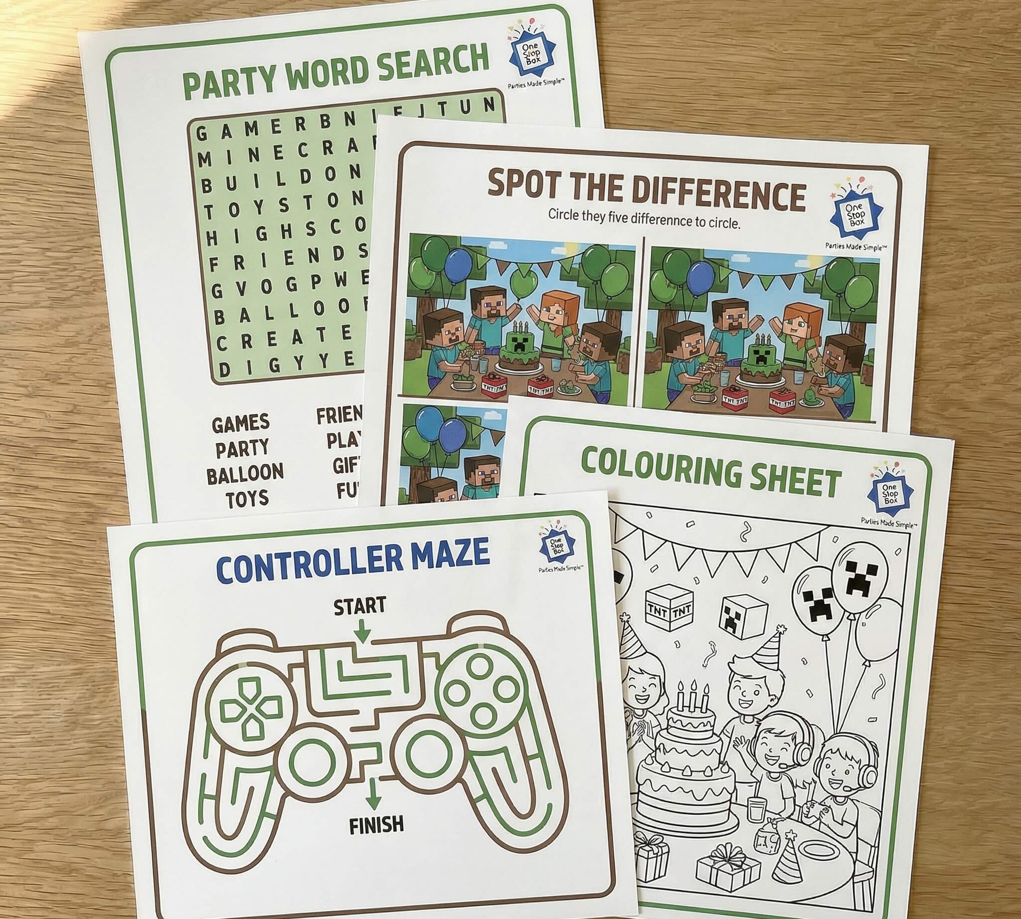 Minecraft themed activity sheets including word search, spot the difference, and colouring sheet