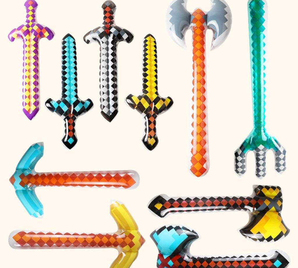 Jumbo inflatable pixel weapons for Minecraft party games