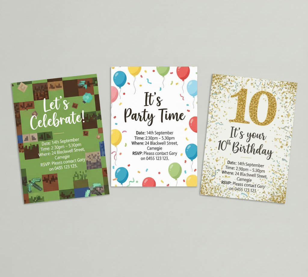 Three printable Minecraft themed kids birthday party invitation designs