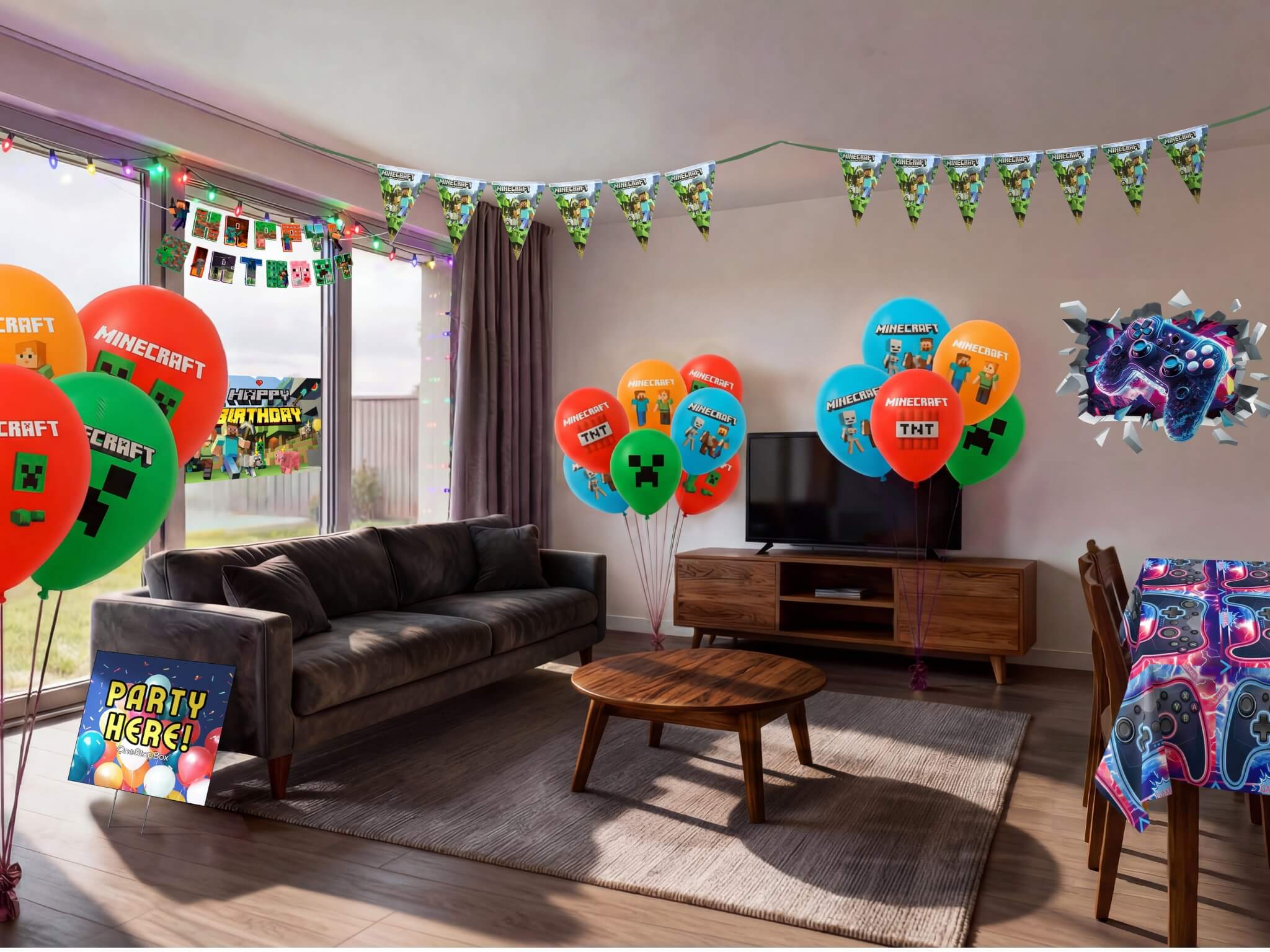 Living room decorated for a Minecraft themed kids birthday party with character printed balloons in green, orange, red and blue, triangle bunting, happy birthday banner, gaming wall decal, backdrop and gaming table cover from a OneStopBox party decorations kit.