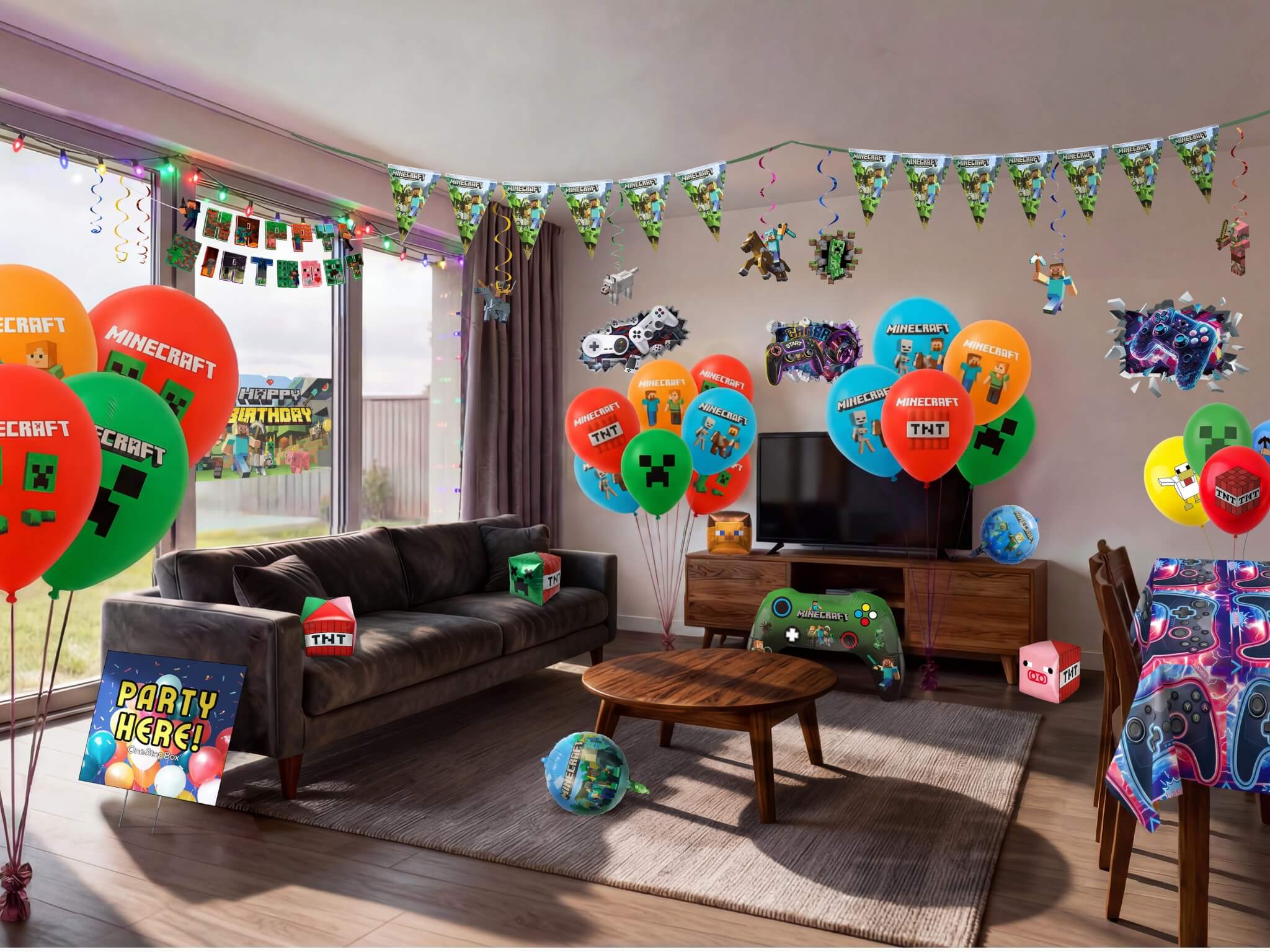 Complete Minecraft themed kids birthday party decorations filling a living room, including character printed balloons, triangle bunting, hanging swirls, wall decals, happy birthday banner, backdrop, TNT box props, gaming controller props, table cover and character accessories from a OneStopBox all-in-one party kit.