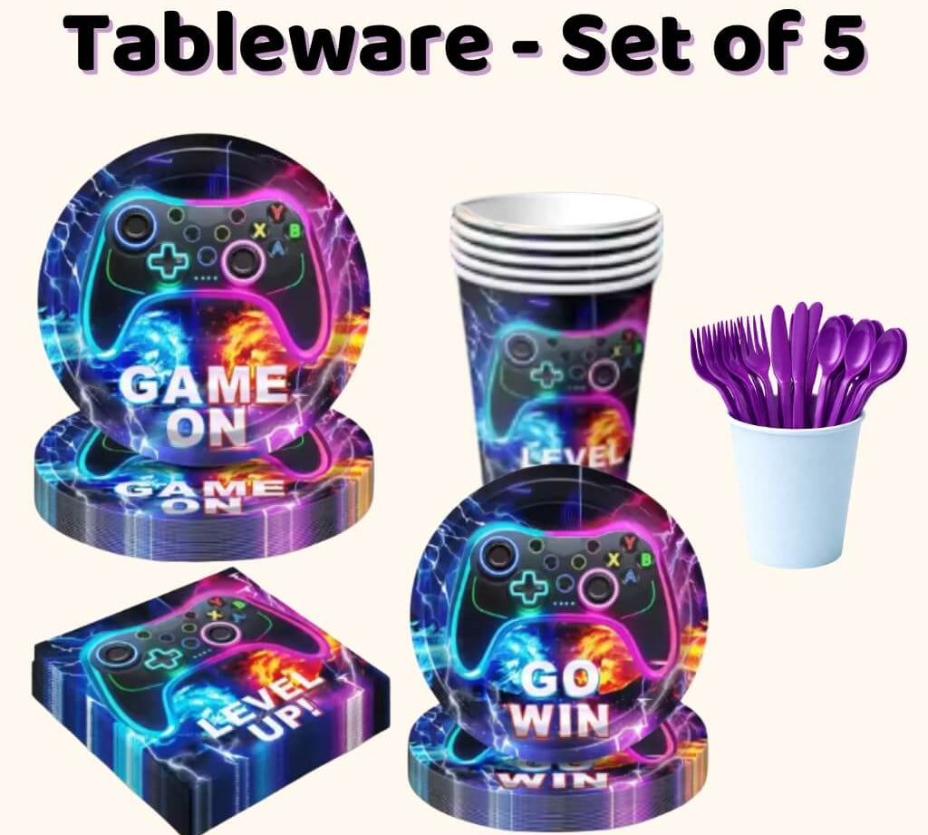 Minecraft party tableware set with plates, cups, napkins and cutlery for a kids party or gaming party