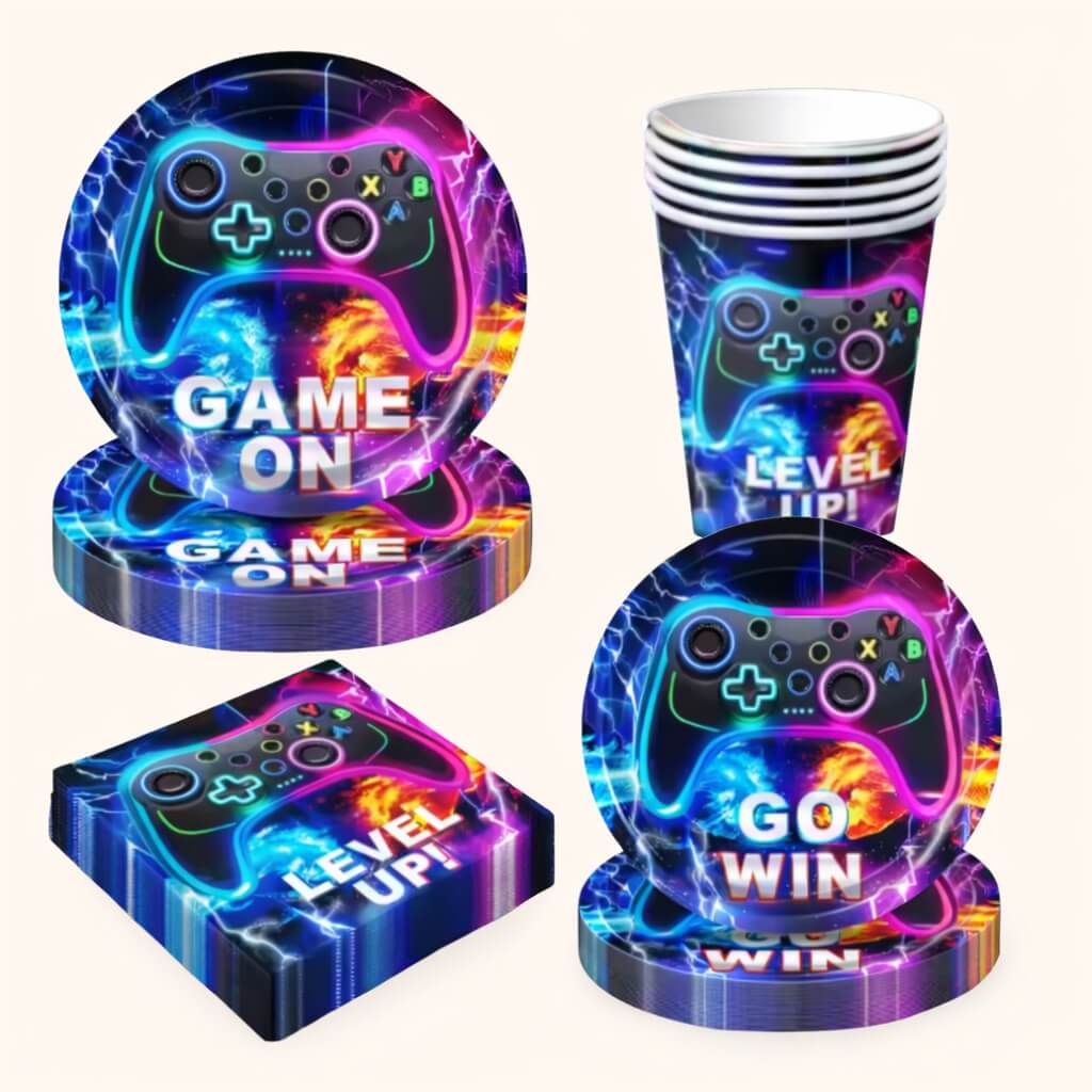 Minecraft-themed party tableware with straws, cups, plates and napkins