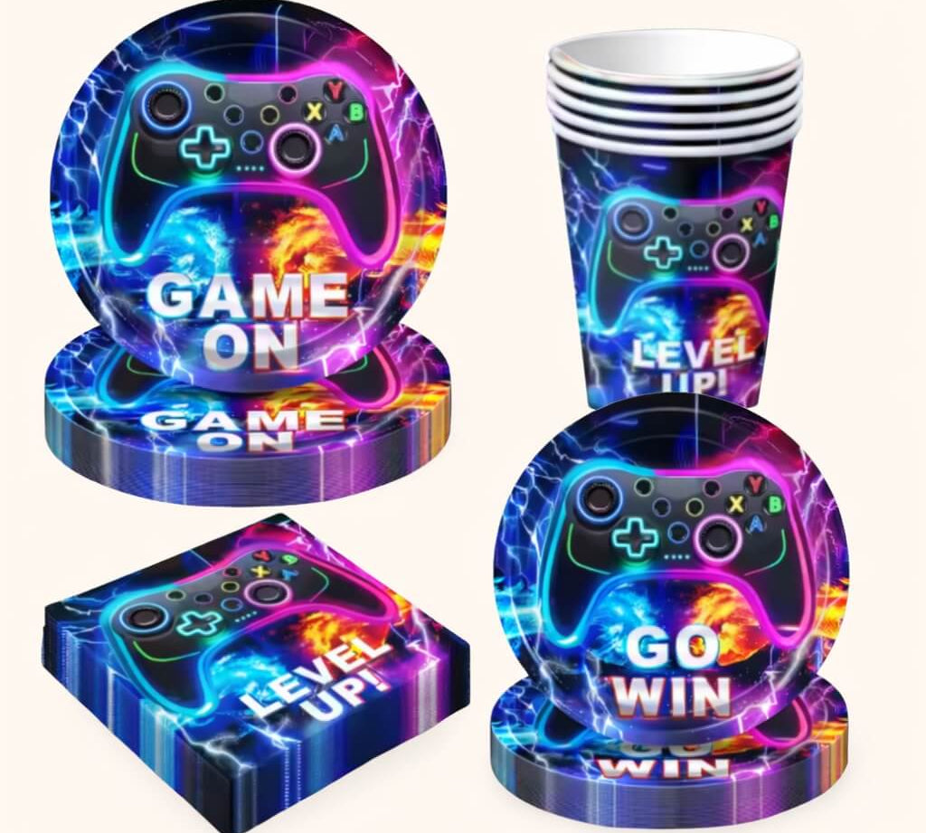 Minecraft-themed party tableware with straws, cups, plates and napkins