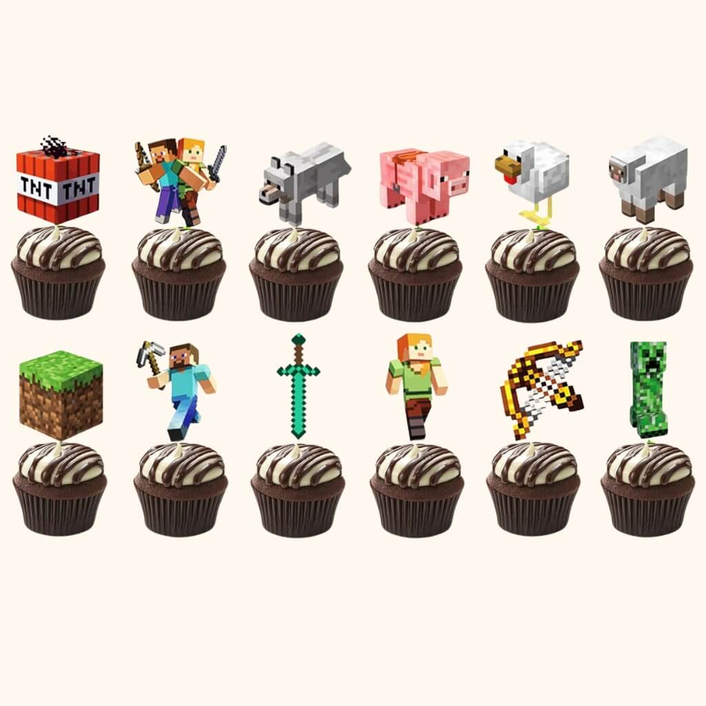 Pixel-themed Minecraft cupcake toppers for gaming fans