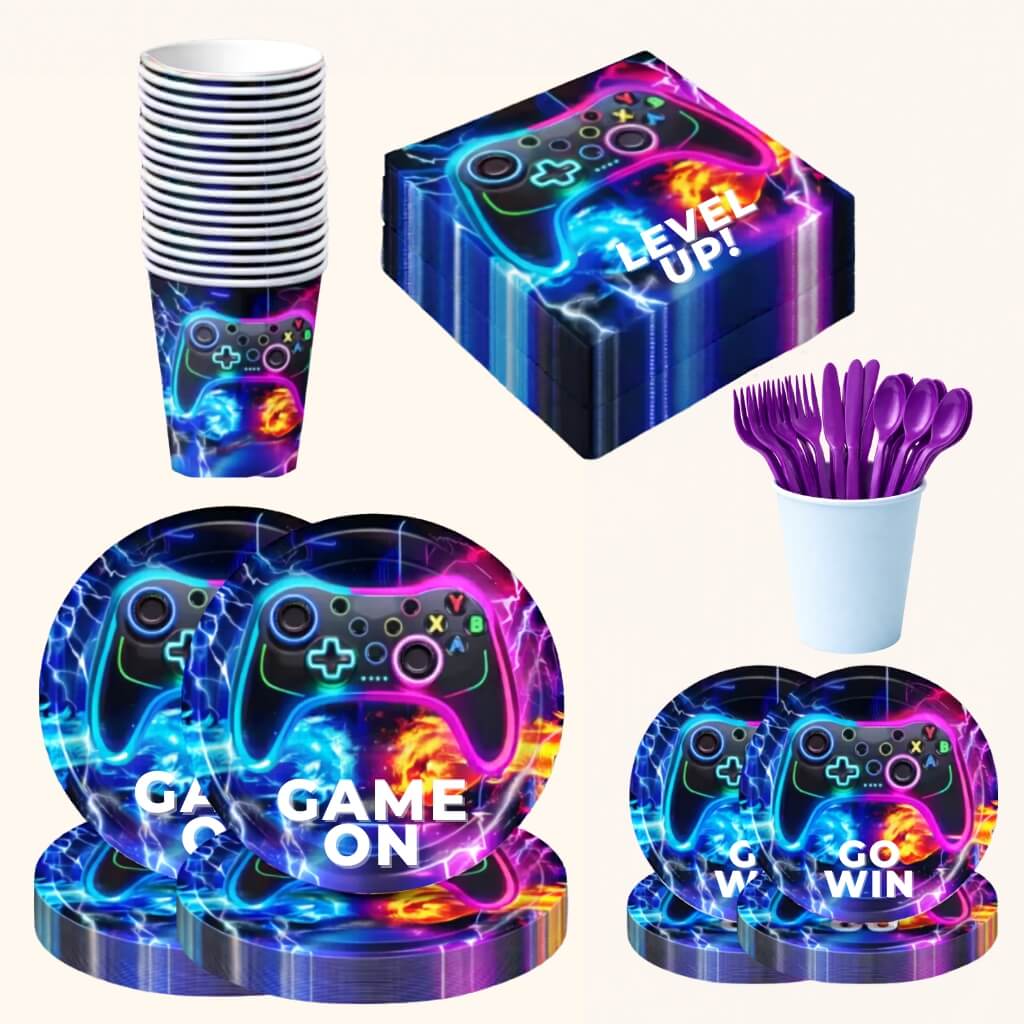 Complete 20-piece Minecraft-themed party tableware set