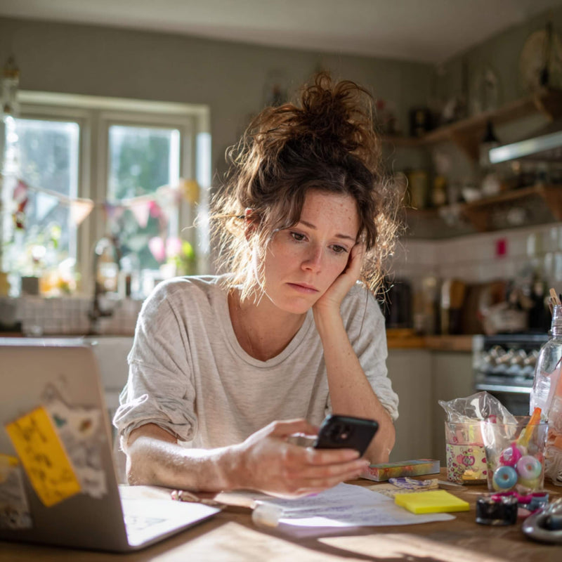 Woman sitting at a kitchen table using a smartphone with a laptop and notebook in front of her. I dont have enough time to plan a kids party and I wish planning my kids' party was easier