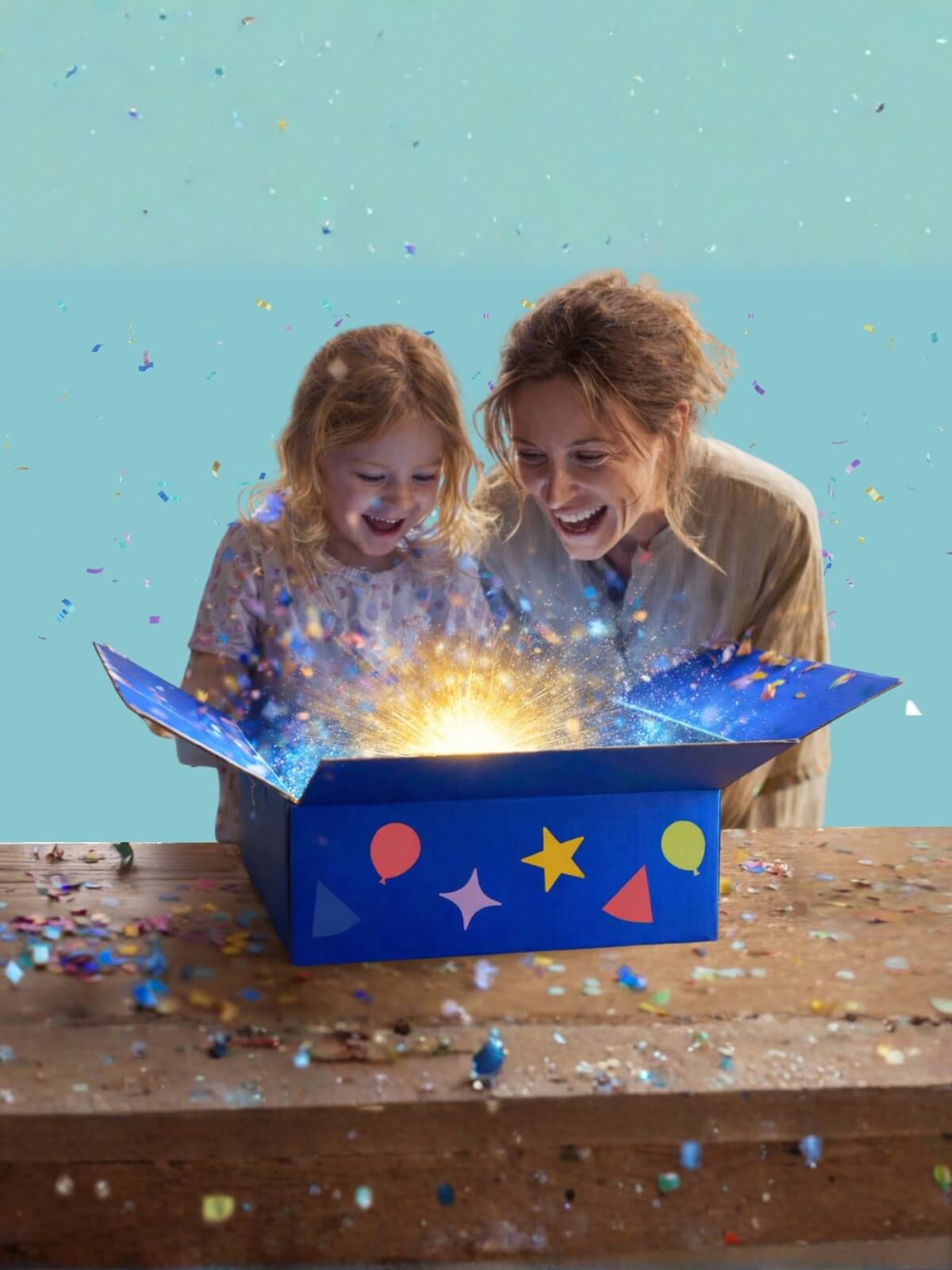 Woman and child opening a box filled with colourful confetti and sparklers against a blue background and they are staring at the magic that is coming out of this wonderful one stop box