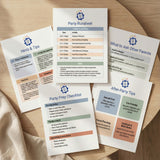 Set of party planning checklists and tips on a wooden surface that includes what to ask other parents, party checklist, hints & tips and a runsheet