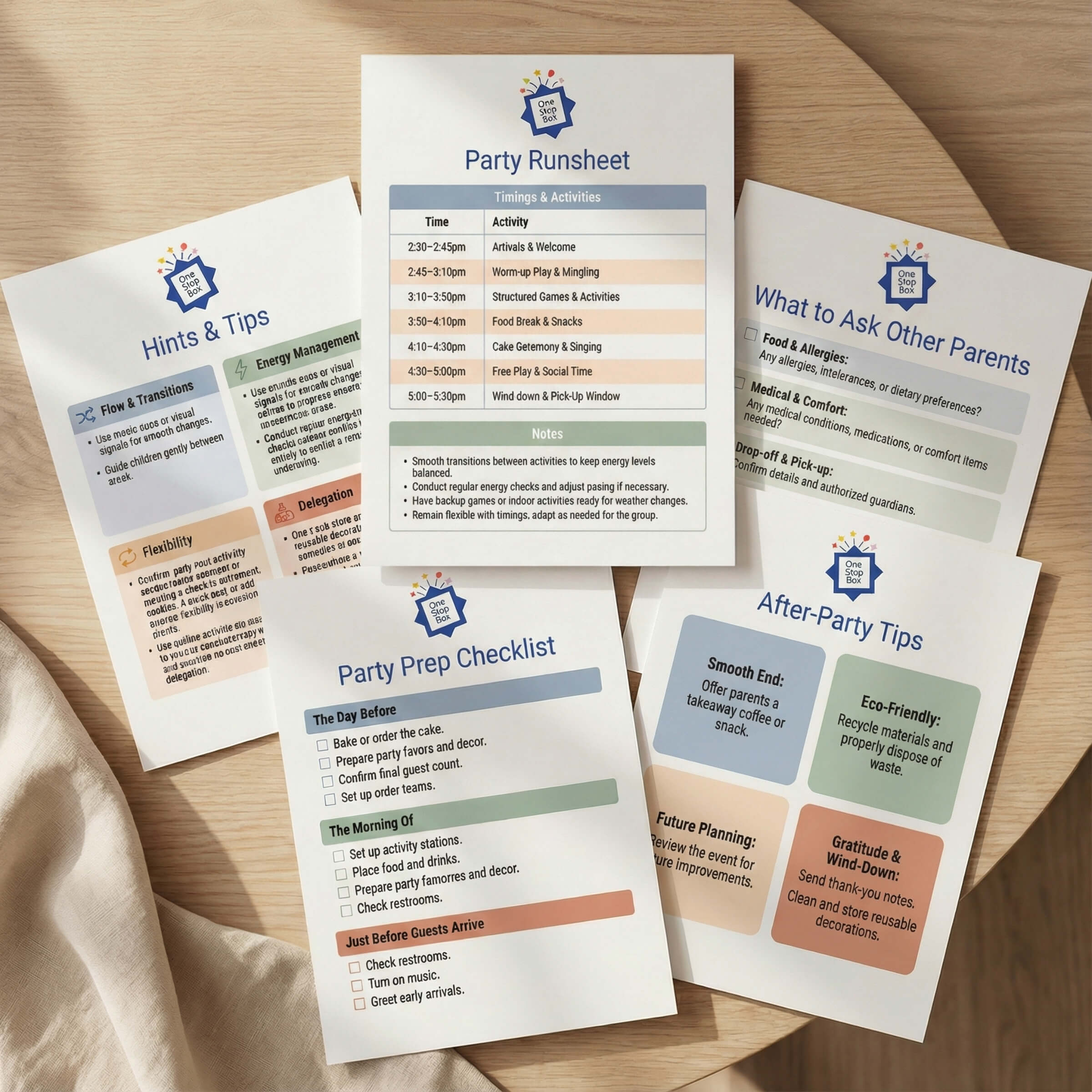 Set of party planning checklists and tips on a wooden surface that includes what to ask other parents, party checklist, hints & tips and a runsheet