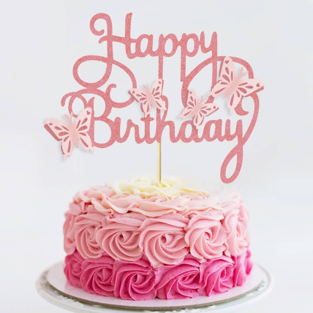 Pink Happy Birthday cake topper for kids parties or 1st birthday celebration