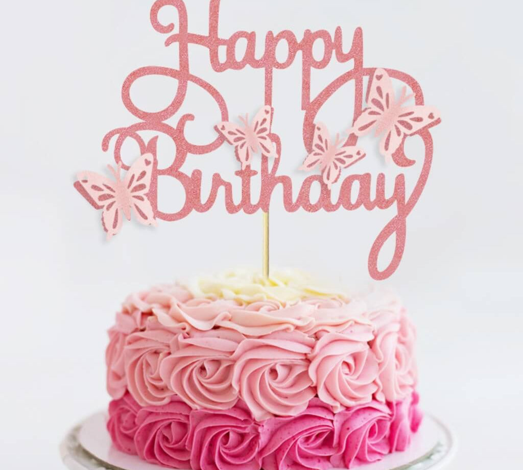 Pink Happy Birthday cake topper for kids parties or 1st birthday celebration