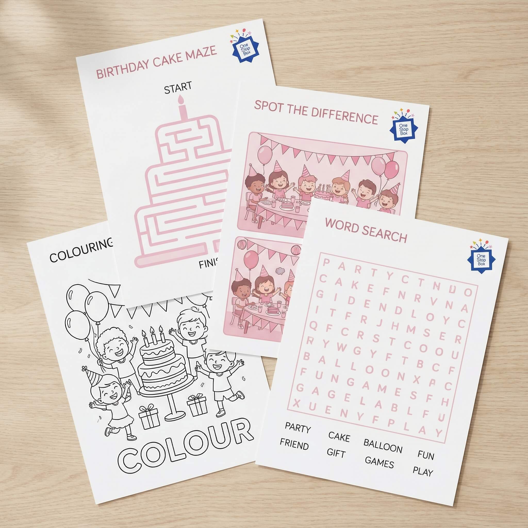 Set of birthday-themed activity sheets on a wooden surface for a pink themed birthday party