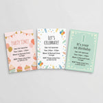 Three colourful birthday invitations on a light gray background for a pink birthday or girls birthday party