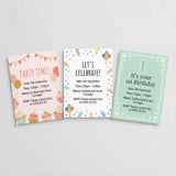 Three colourful birthday invitations on a light gray background for a pink birthday or girls birthday party