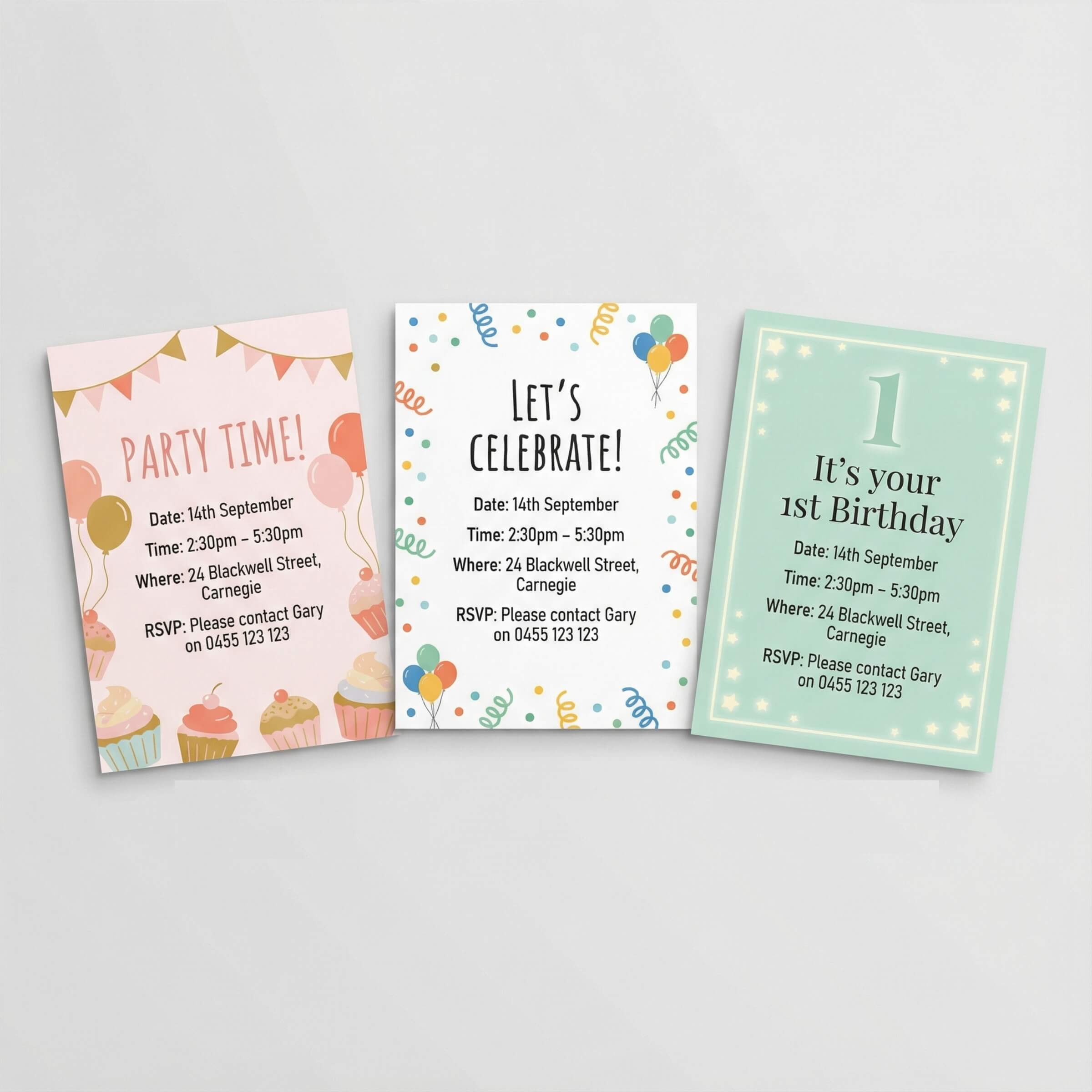 Three colourful birthday invitations on a light gray background for a pink birthday or girls birthday party