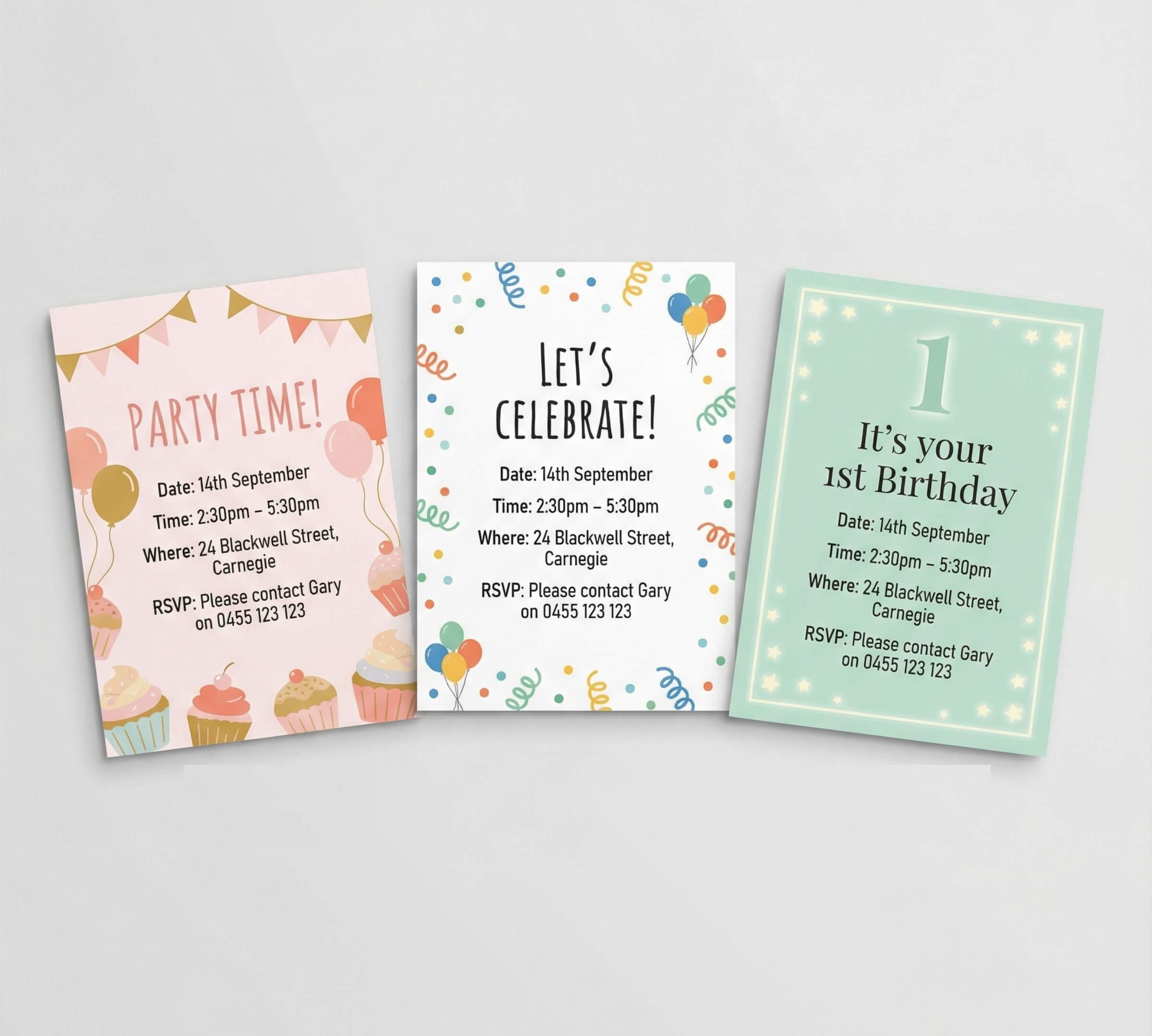 Three printable pink themed kids birthday party invitation designs