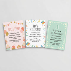 Three printable pink themed kids birthday party invitation designs