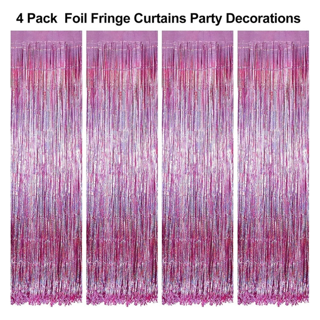 Pink foil fringe curtain party backdrop, pack of 4