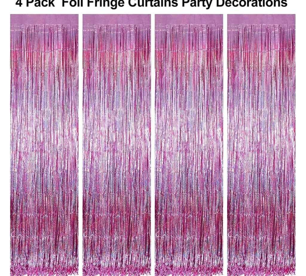 Pink foil fringe curtain party backdrop, pack of 4