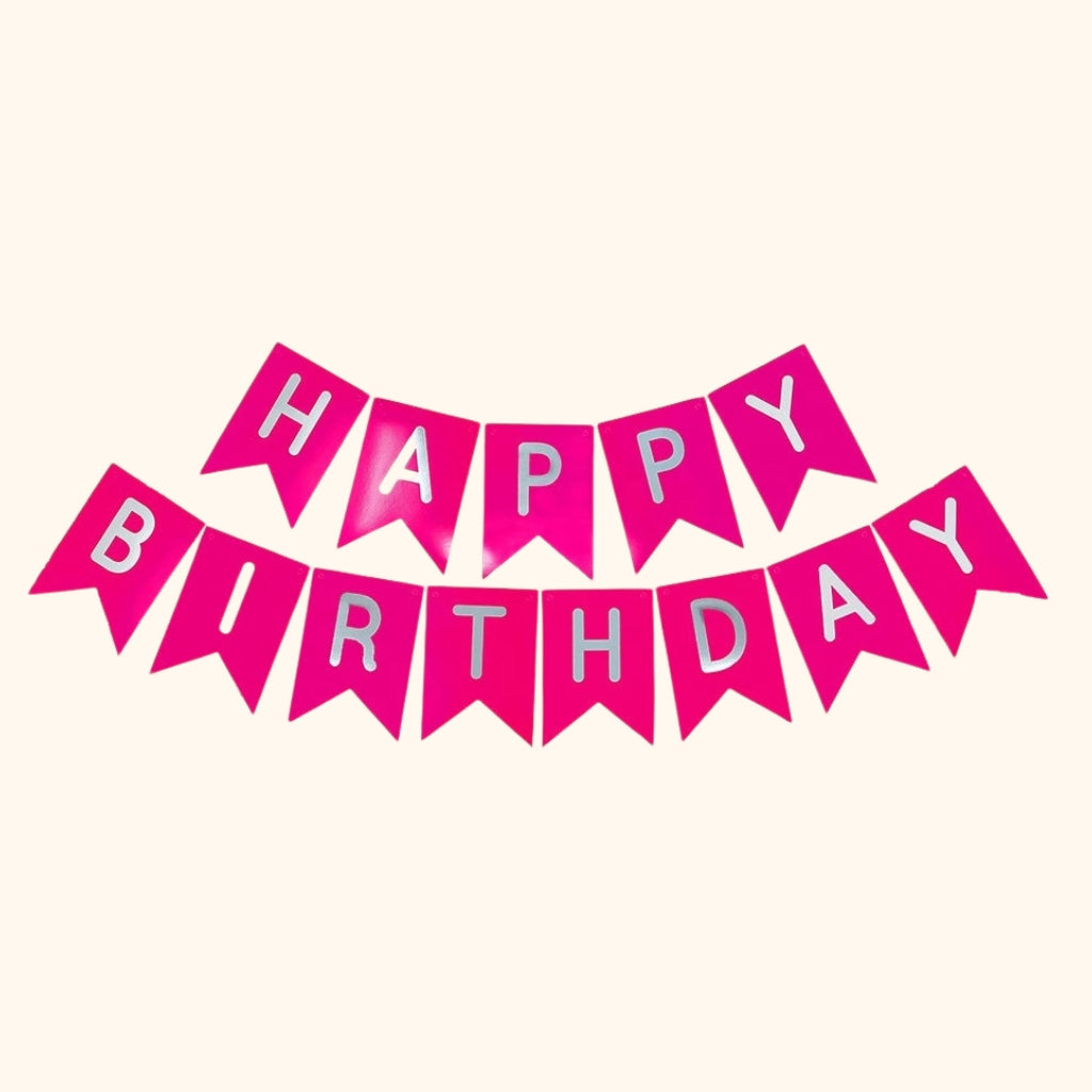 Pink Happy Birthday bunting banner with white lettering