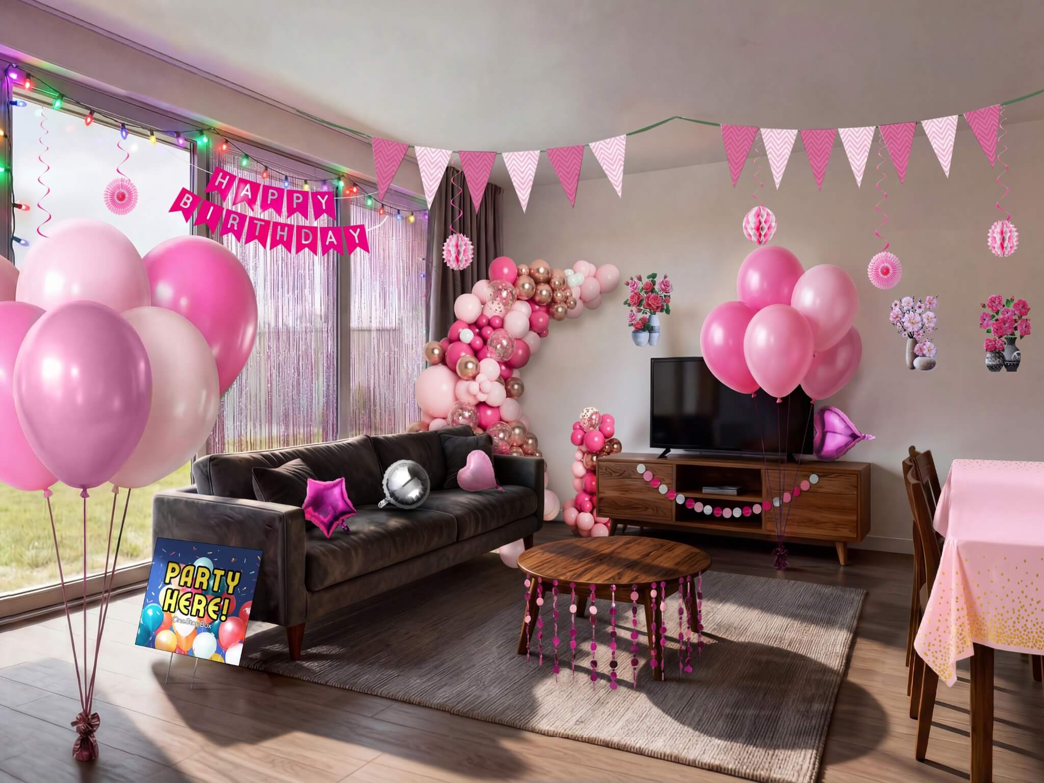 Pink kids birthday party decorations kit Australia, including pink and rose gold balloon garland, balloons, paper fans, honeycomb balls, hanging swirls, dot garland, triangle bunting, fringe curtain, floral wall decorations and table cover.