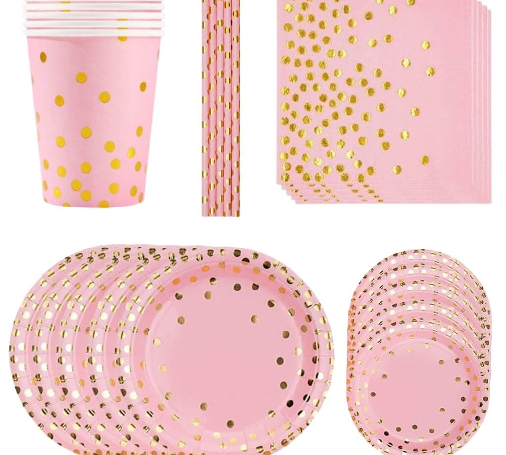 Pink party tableware set with plates, cups, and napkins for kids' birthday
