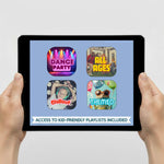 **Kid-friendly party playlists included with kids birthday party decorations kit Australia, featuring dance party, party, chillout and all-ages playlist options.
