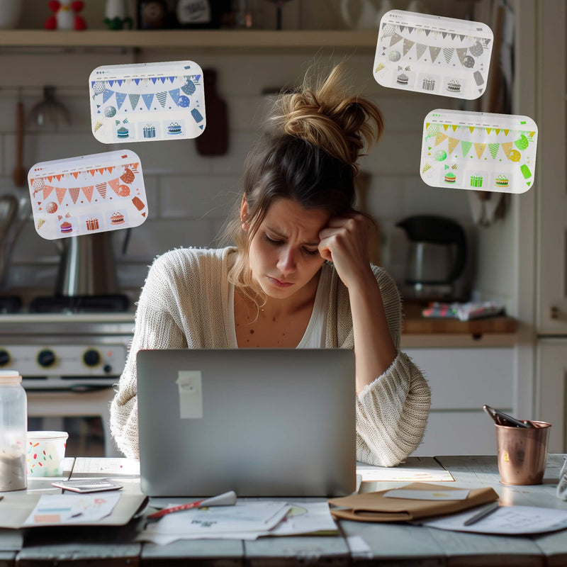 Stressed parent overwhelmed by kids birthday party decoration choices, solved by OneStopBox all-in-one party kit Australia.