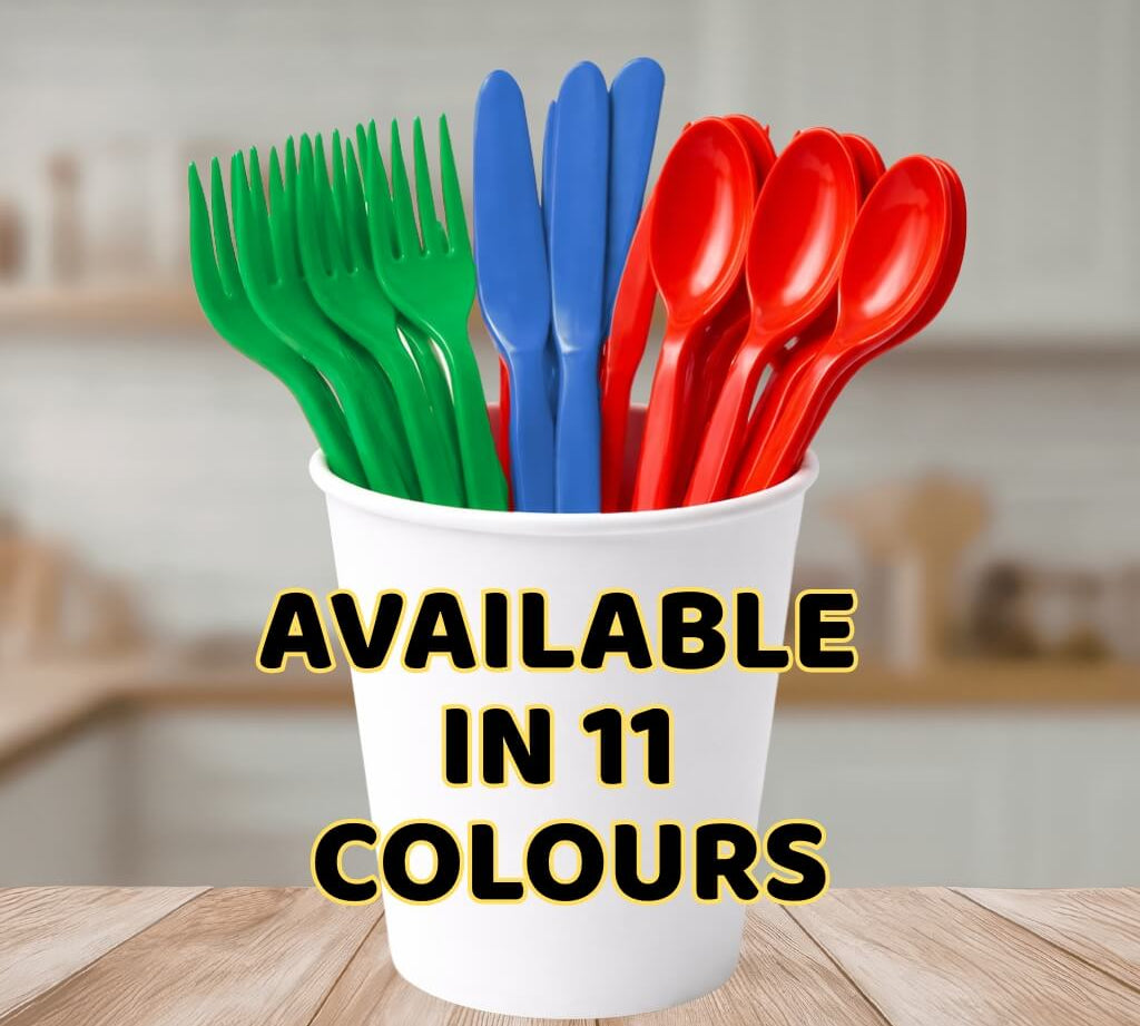 Colourful reusable plastic cutlery set in a cup with text 'Available in 11 colours' on a kitchen background.