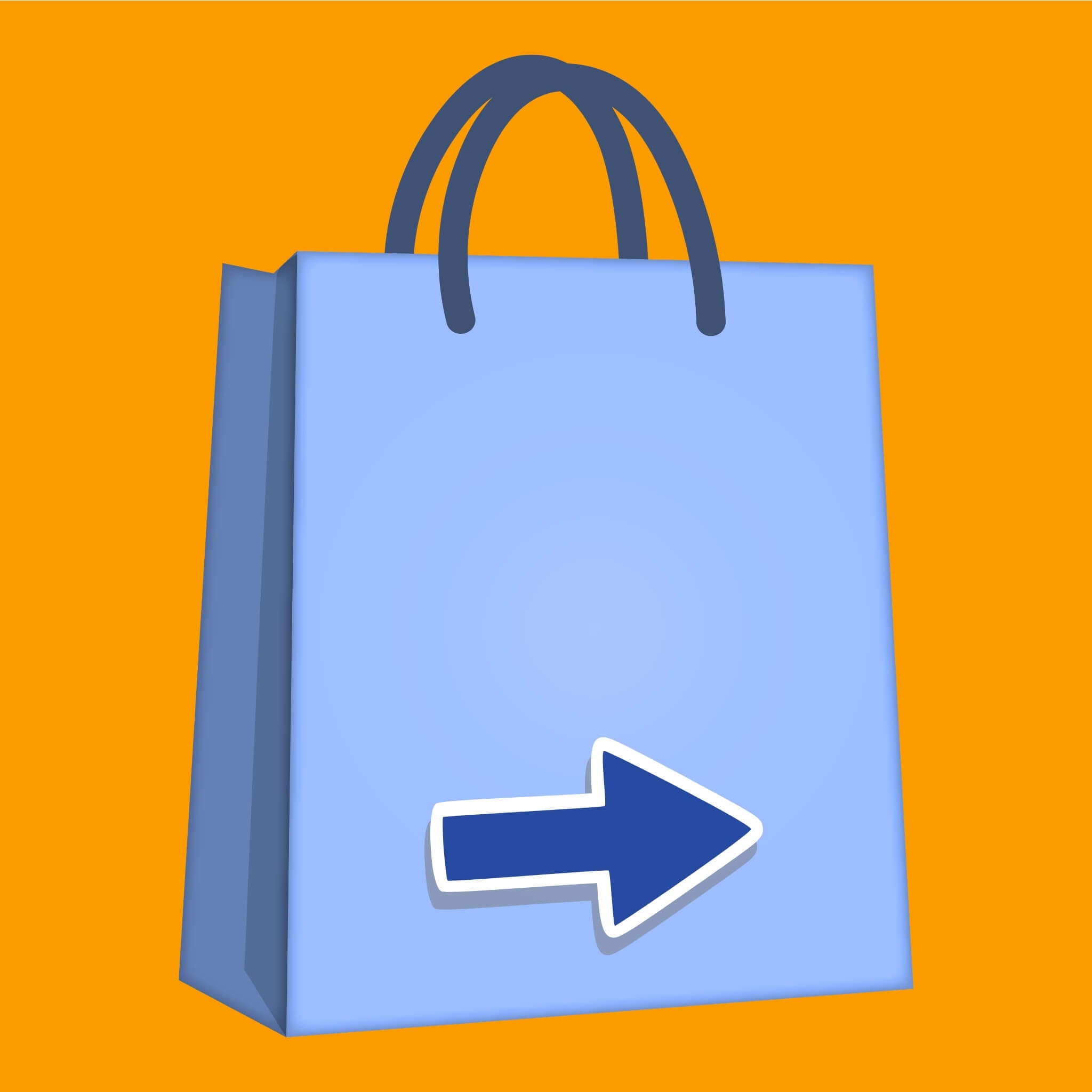 Blue shopping bag with a blue arrow on an orange background to shop all birthday theme ideas