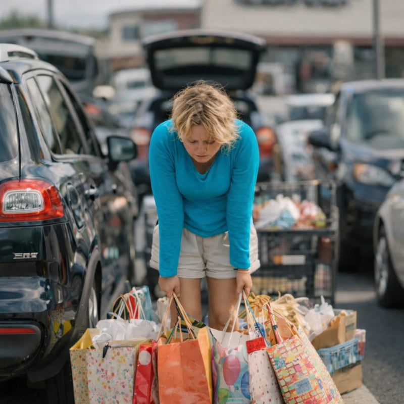 Stressed parent juggling multiple shopping bags in a car park, solved by OneStopBox all-in-one kids birthday party decorations kit Australia.