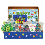 Children's party favor box with dinosaur-themed items on a white background for kids parties